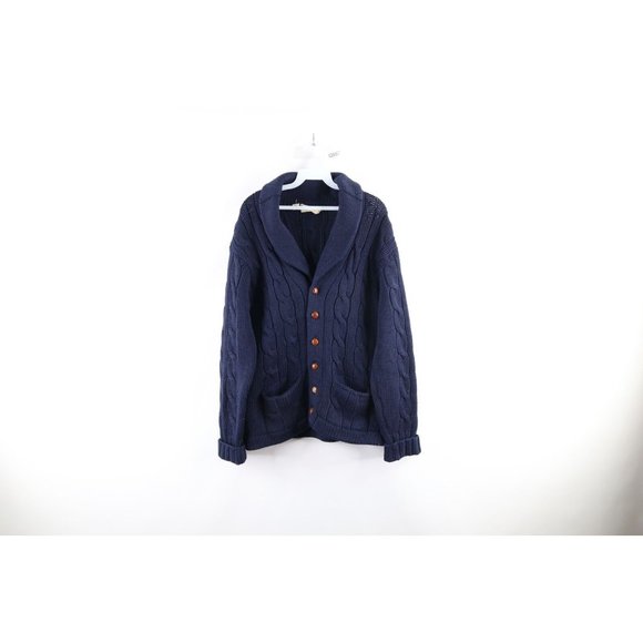 Vintage 70s Streetwear Mens Small Wool Chunky Cable Knit Shawl Cardigan Sweater